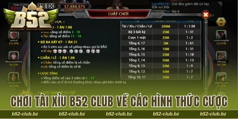 Hướng dẫn chơi Tài Xỉu B52 Club về các hình thức cược